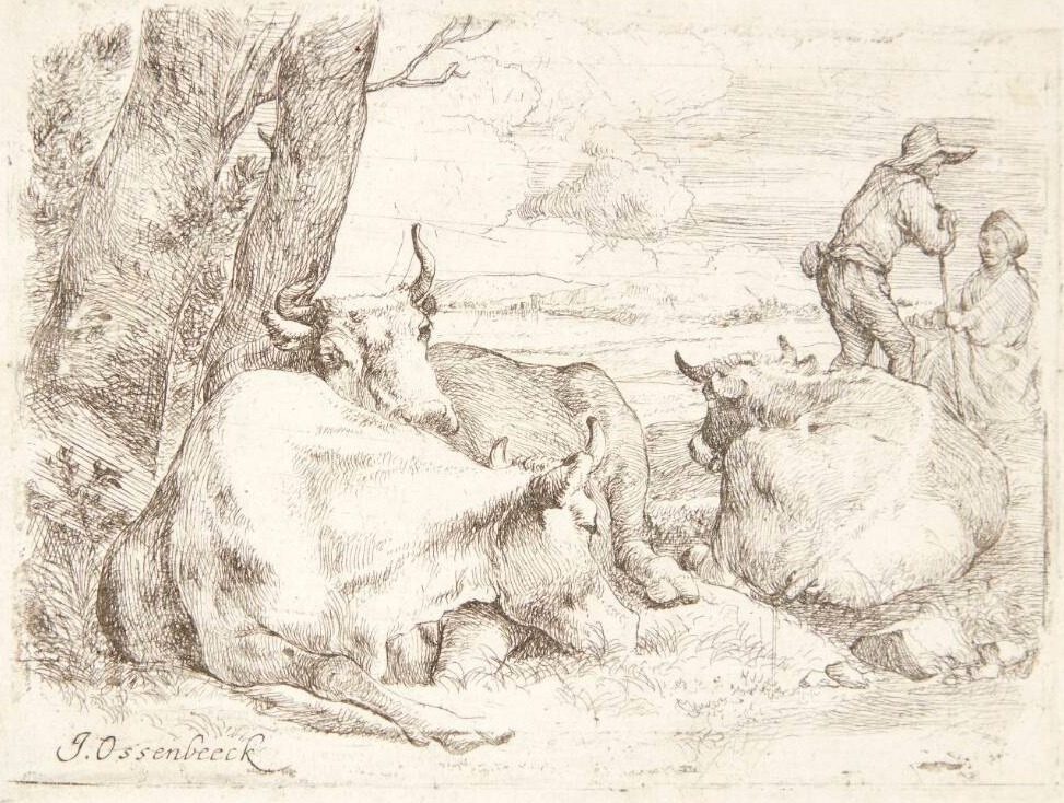 Hyrde og hyrdinde og tre liggende køer by Ossenbeeck, Jan van