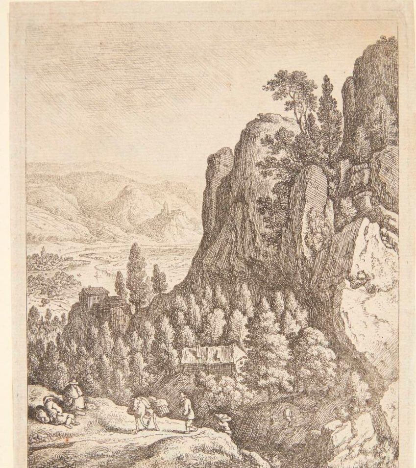 Vejfarende i et bjerglandskab, i baggrunden huse på klipper og en floddal by Herman Saftleven