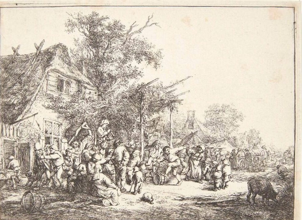 Dansende bønder ved et herberg by Adriaen van Ostade