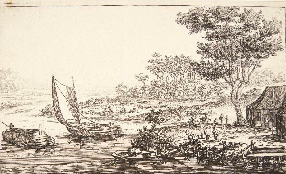 Flodlandskab med et anløbssted og tre både by Jan van Almeloveen