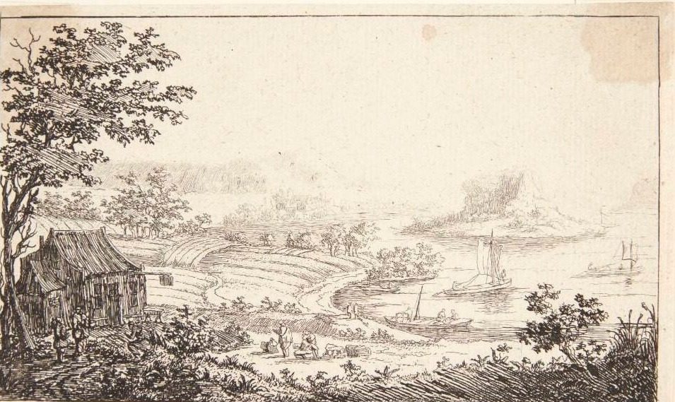 Flodlandskab med marker, i forgrunden t.v. et hus by Jan van Almeloveen