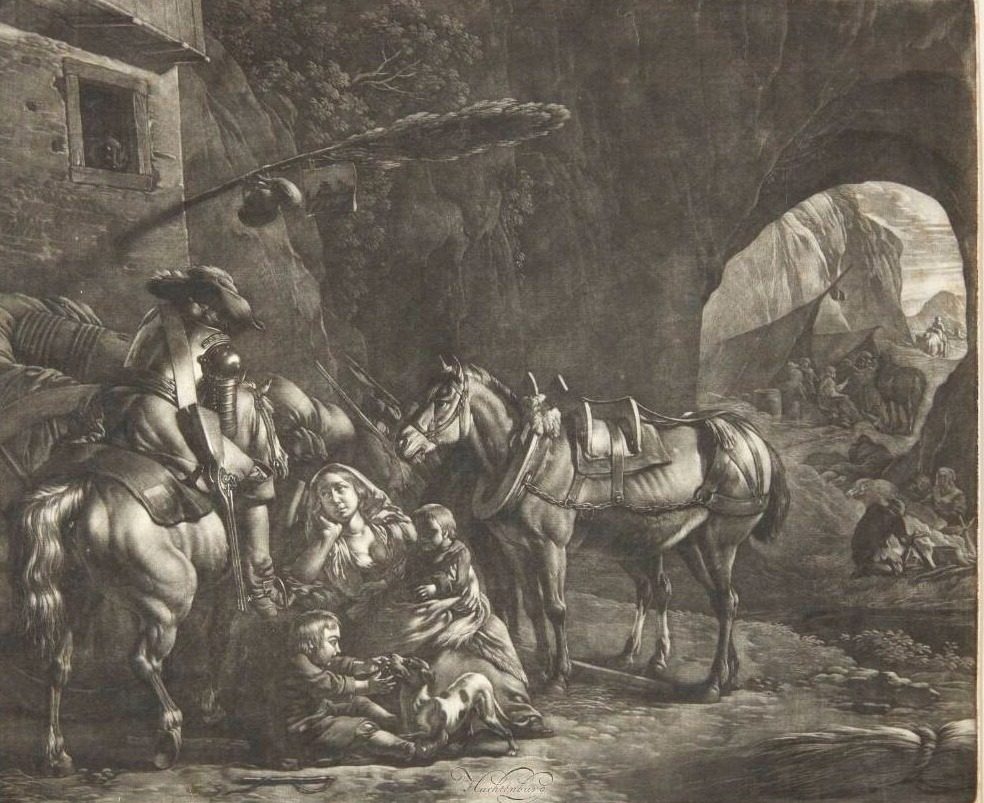 Rytter og en mor med to børn ved en kro by Jan van Huchtenburg