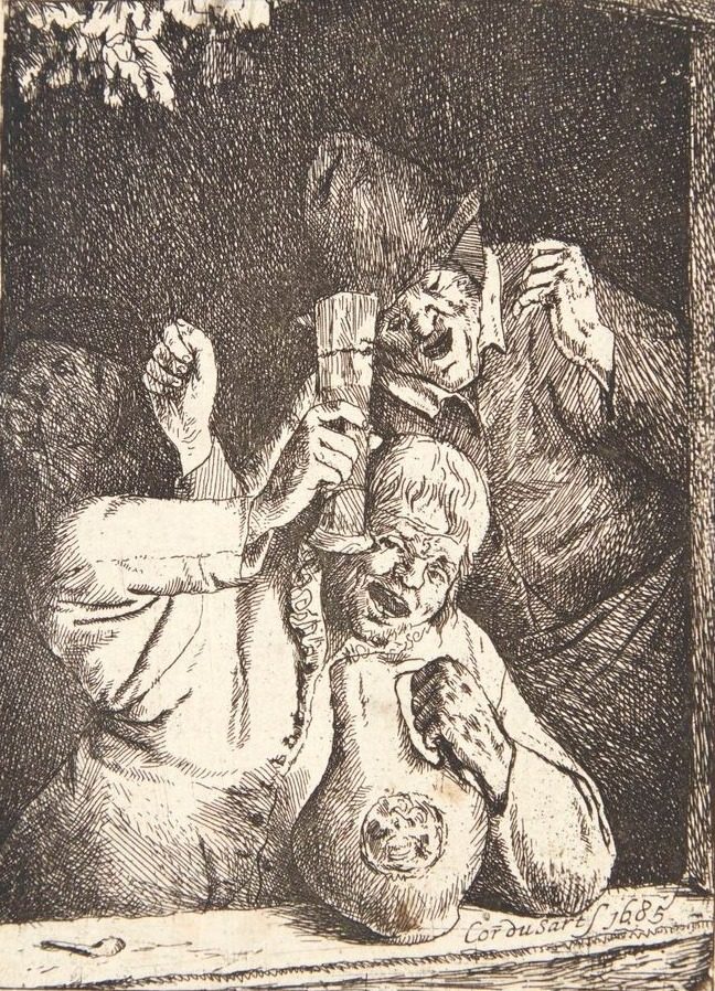 To skrålende bønder i et vindue by Cornelis Dusart