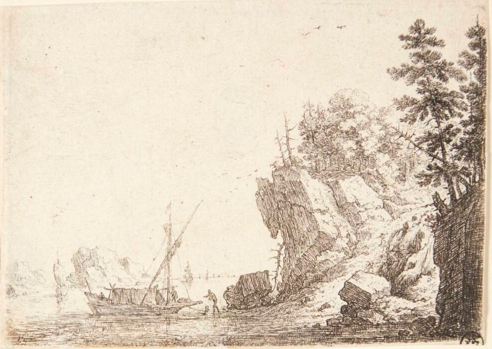 Sejlskibe ud for en klippekyst by Herman Saftleven