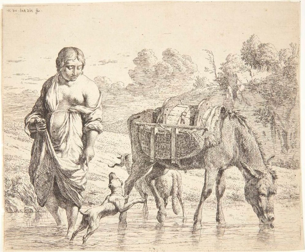 Bondekvinden, der passerer en bæk med sit lastdyr by Karel Du Jardin