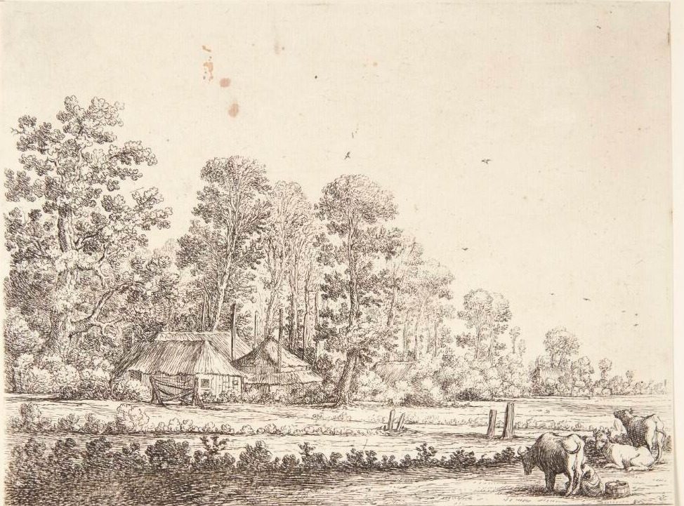 Mark med en pige, der malker en ko, i baggrunden en gård omkranset af træer by Herman Saftleven