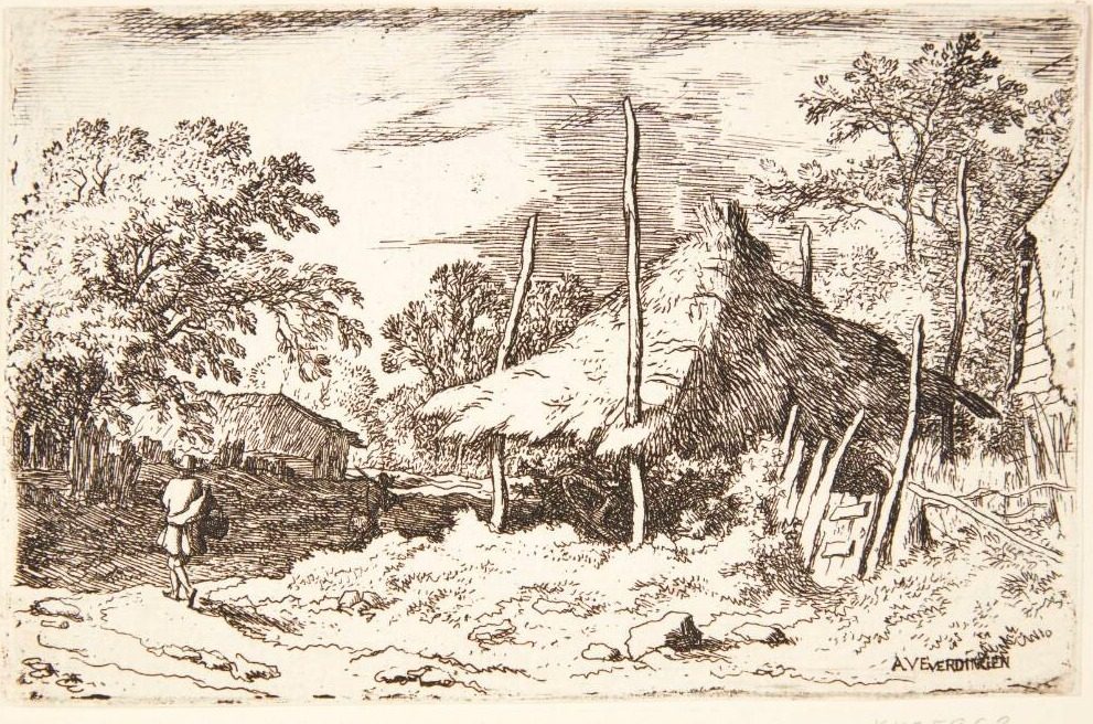 En vejfarende, der passerer en høbunke by Allaert van Everdingen