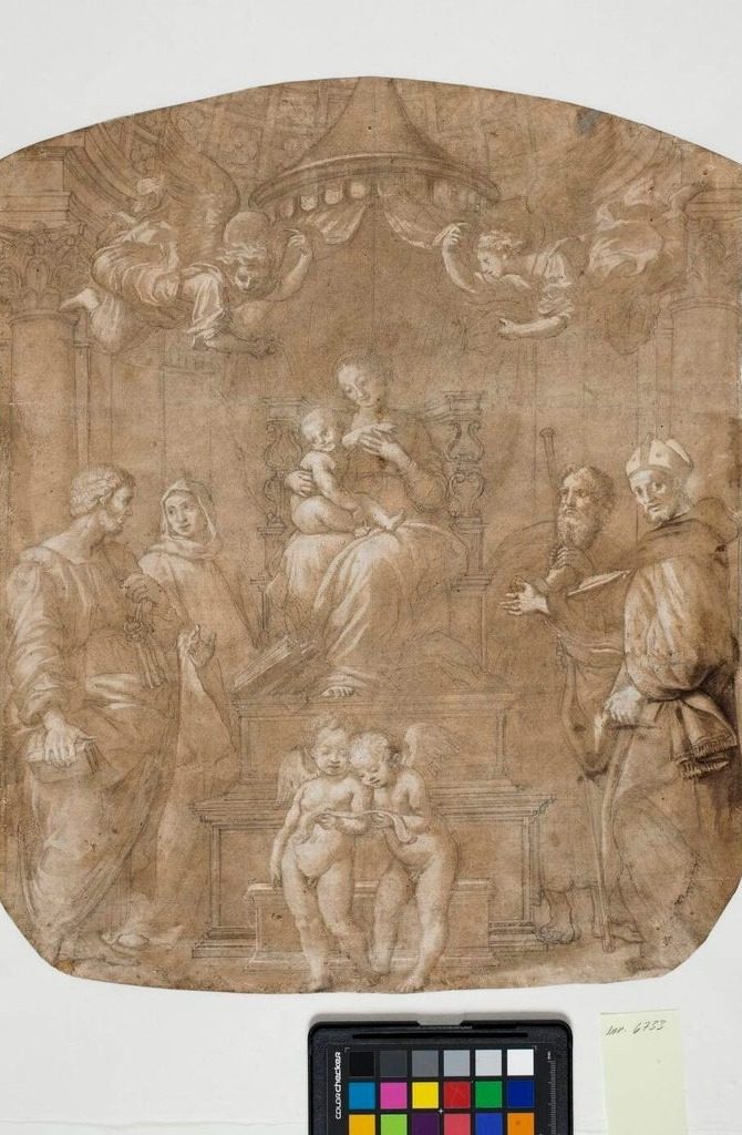 Jomfru Maria med barnet omgivet af helgenerne Peter, Bernhard (eller Bruno), Jakob, Augustin og fire engle. Efter Raphaels "Madonna del Baldacchino" by Ubekendt