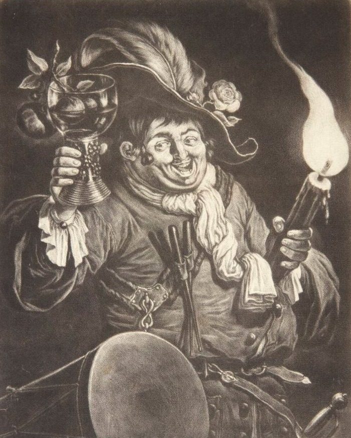 Fordrukken trommeslager med en fakkel by Cornelis Dusart