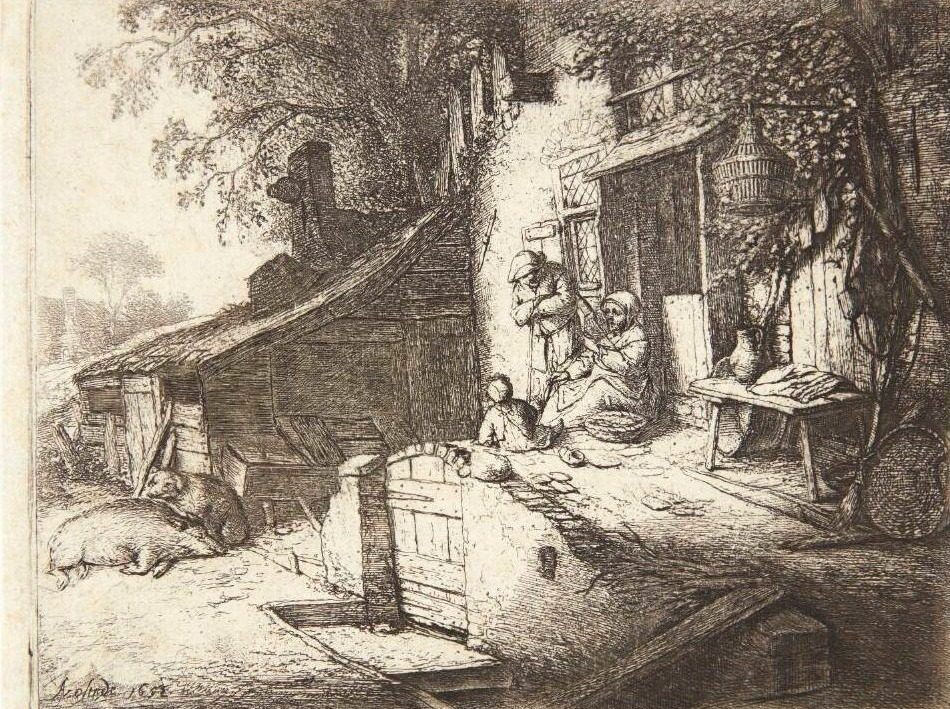 Kvinde, der spinder foran et bondehus by Adriaen van Ostade