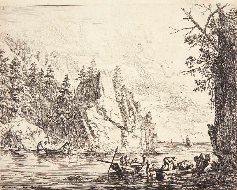 Prospekt af Rhinen, både lastes ved flodbredden by Jan van Aken