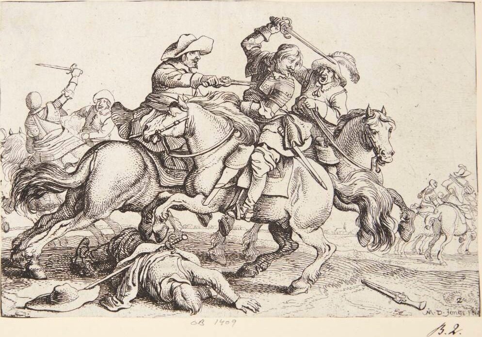 Tre ryttersoldater i kamp by Jan Martszen de Jonge