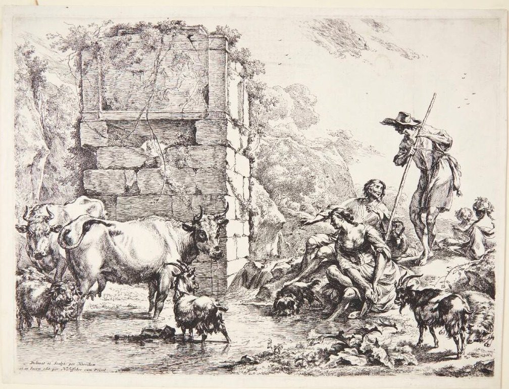 En hyrde vander sine dyr ved en tilgroet ruin by Nicolaes Berchem