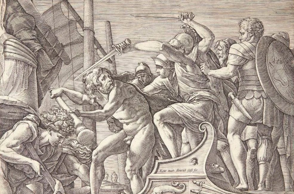 Herakles kæmper mod Geryon by Hendrick Goltzius