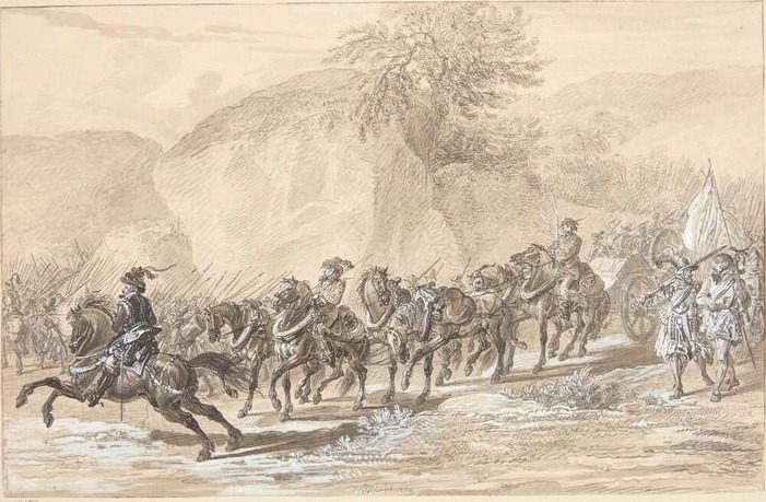 Landskab, som en hær drager igennem by A. Wolf