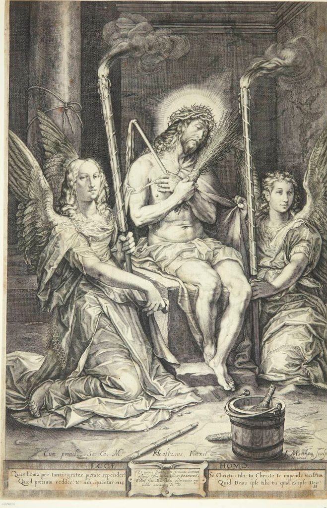 Kristus som smertensmand med to engle by Jacob Matham