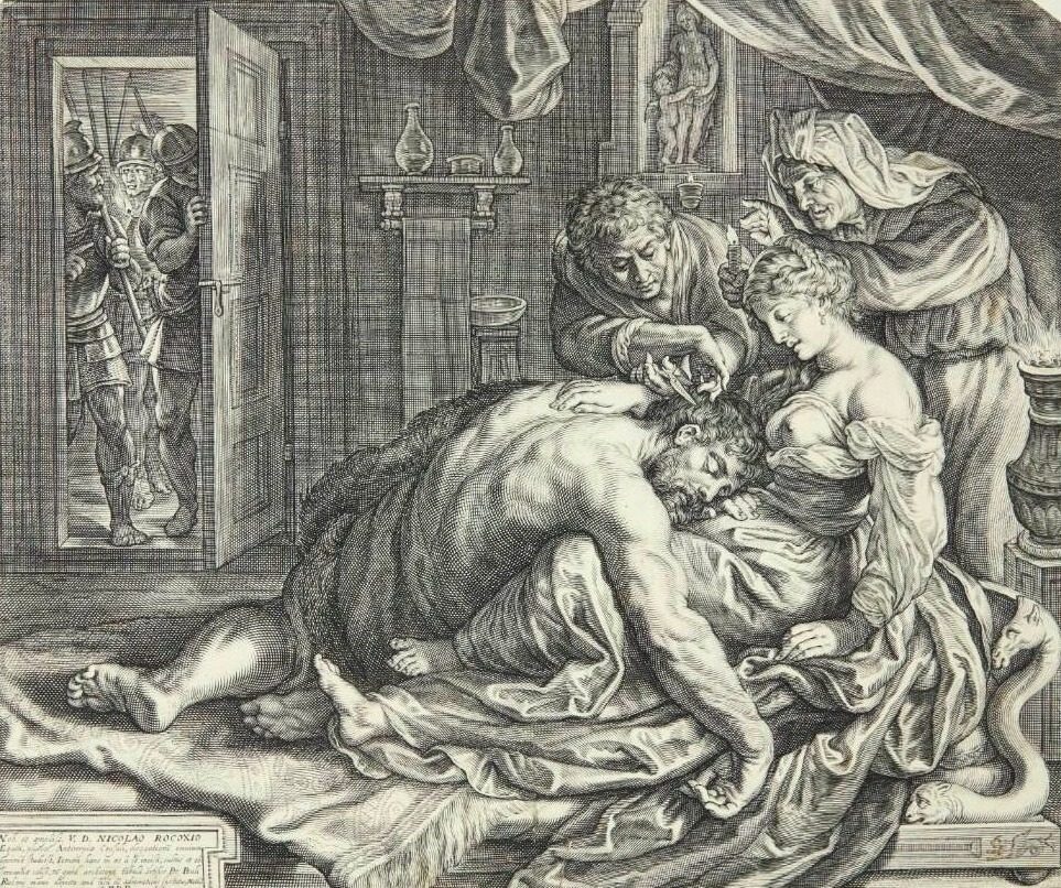 Samson sovende i Dalilas skød by Jacob Matham