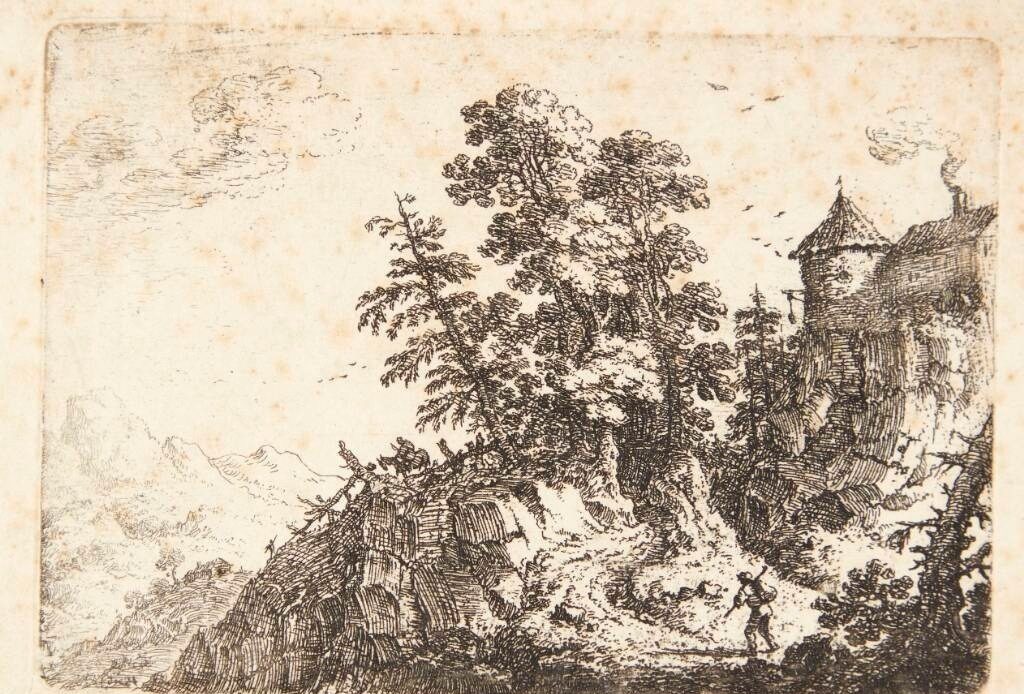 Rejsende på en snoet hulvej i et klippelandskab by Herman Saftleven