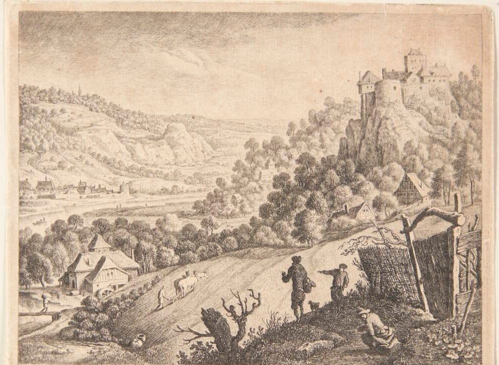 Panorama over bjergrigt landskab med en flod, i forgrunden marker by Herman Saftleven