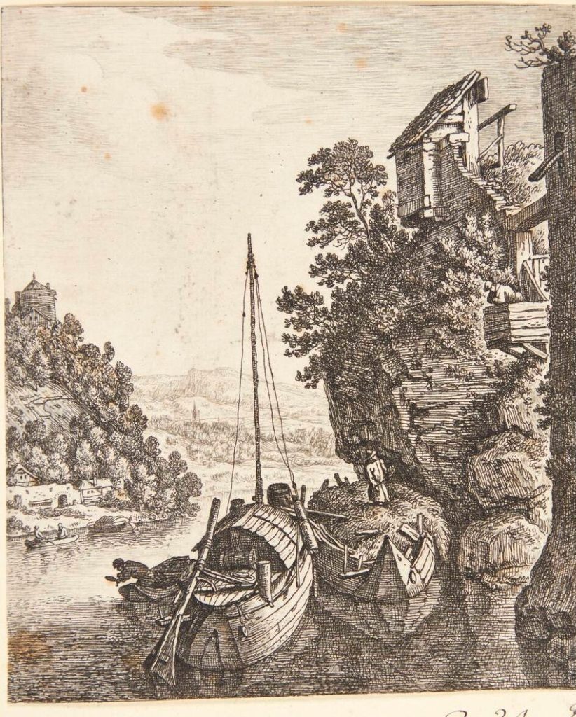 To både fortøjet under en klippe by Herman Saftleven