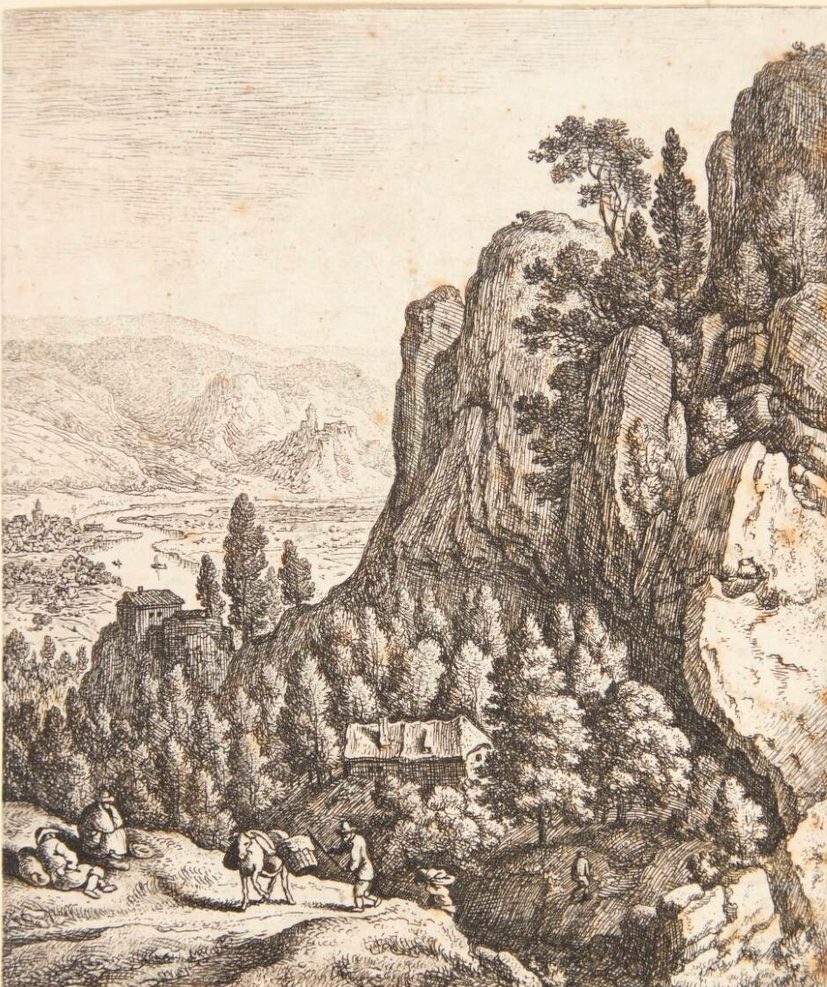 Vejfarende i et bjerglandskab, i baggrunden huse på klipper og en floddal by Herman Saftleven