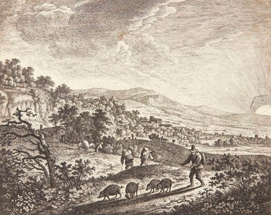 Svinehyrde med fire grise by Herman Saftleven