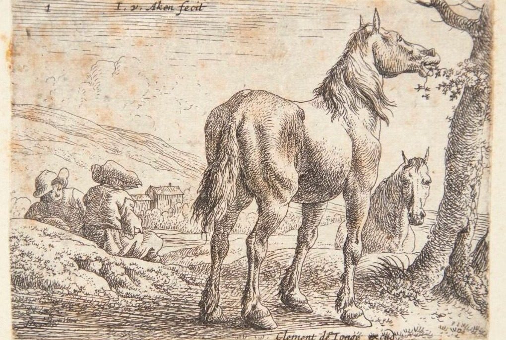To heste, den ene spisende blade fra et træ, t.v. to siddende mænd by Jan van Aken