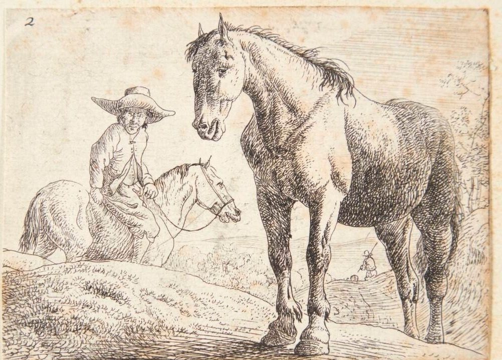 Stående hest, i baggrunden en hest med rytter by Jan van Aken