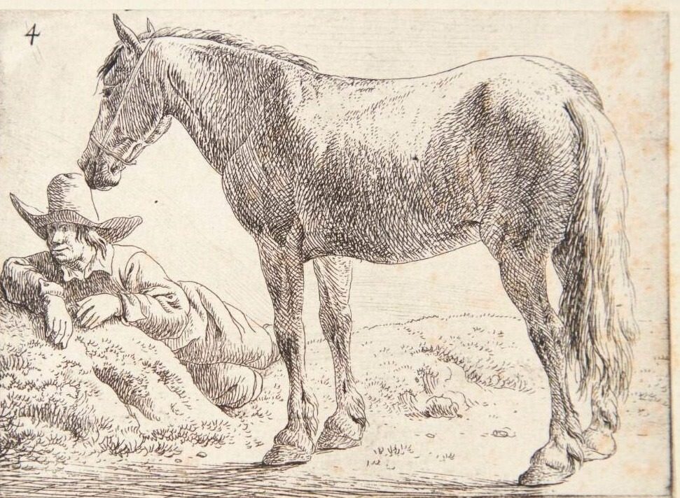 Stående hest, t.v. en hvilende mand by Jan van Aken