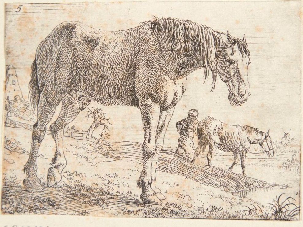 Stående hest, i baggrunden en bonde, der fører en hest væk by Jan van Aken