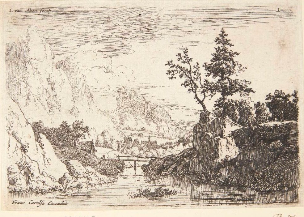 Bro over en flod mellem høje klipper, i baggrunden huse by Jan van Aken