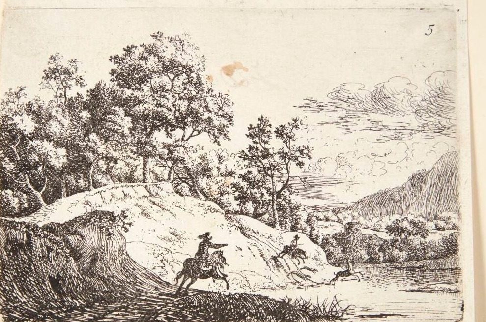Landskab med to ryttere, der jager en hjort ud i en flod by Jan van Aken