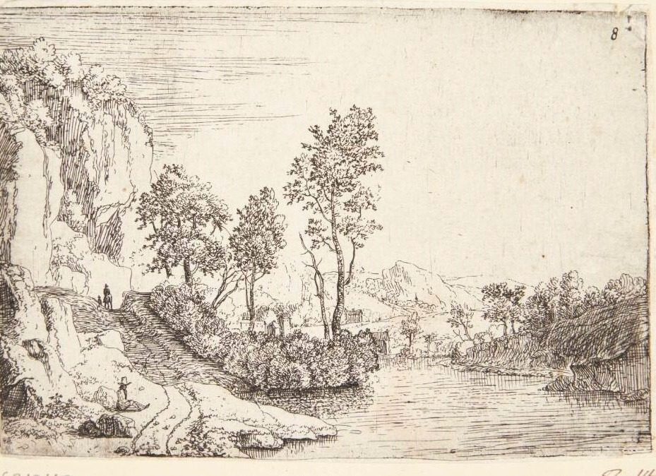 Flodlandskab, t.v. klipper og en siddende mand ved en vej by Jan van Aken
