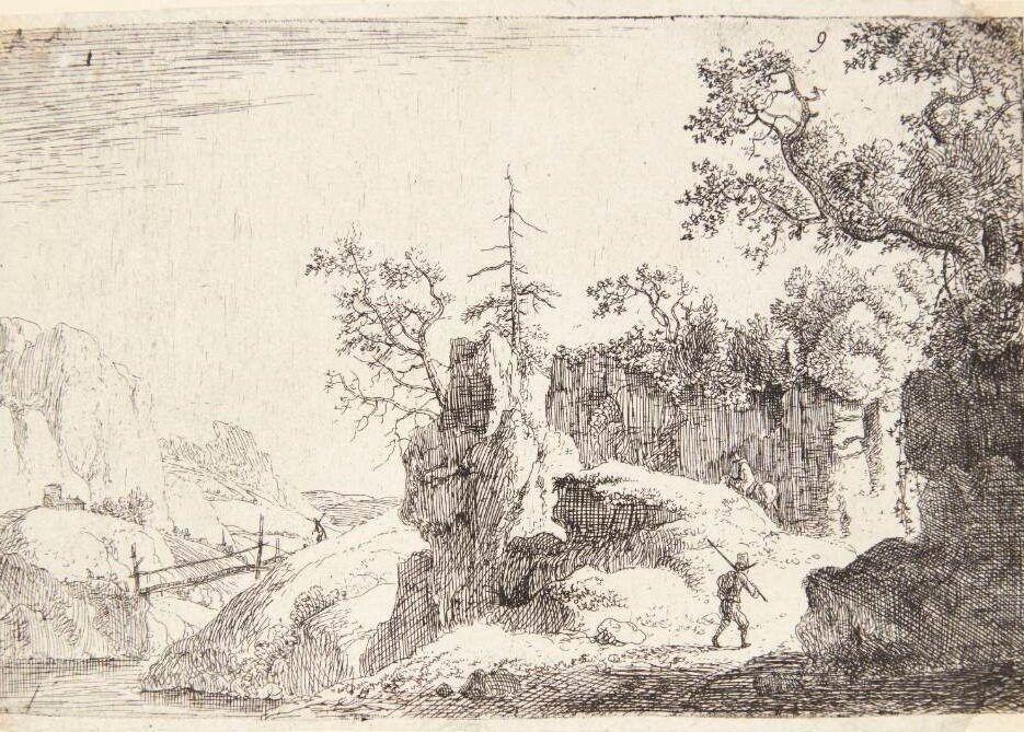 Landskab med en bro, t.h. en gående mand og en rytter by Jan van Aken