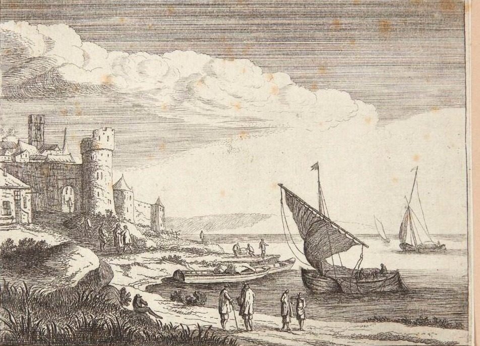 Strandparti, i baggrunden en muromkranset by by Jan van Almeloveen