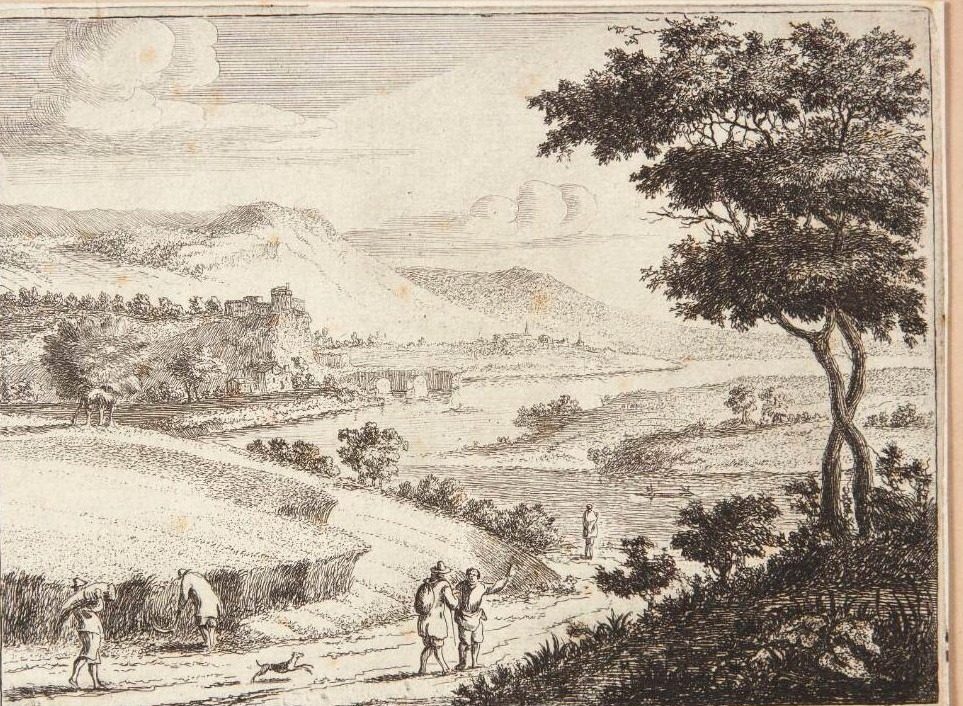 Flodlandskab med vejfarende og høstfolk by Jan van Almeloveen