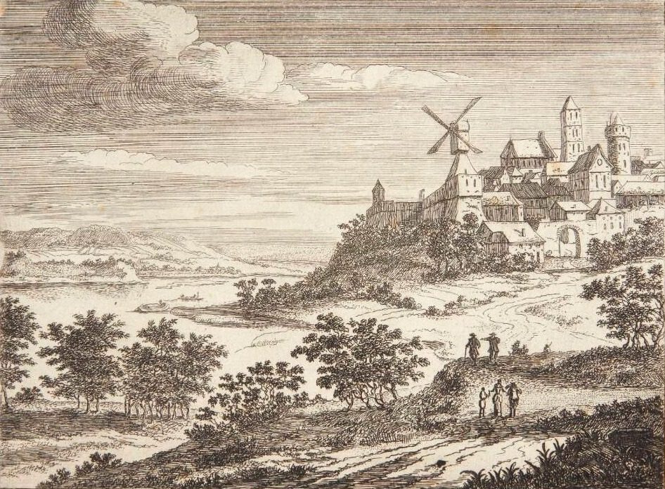 Flodlandskab med vejfarende, i baggrunden en by med en vindmølle by Jan van Almeloveen