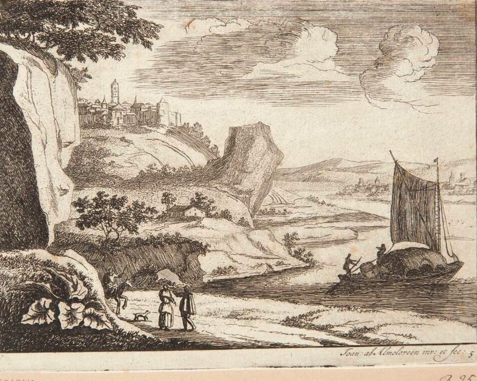 Flodlandskab med vejfarende, t.h. lastbåd for sejl by Jan van Almeloveen