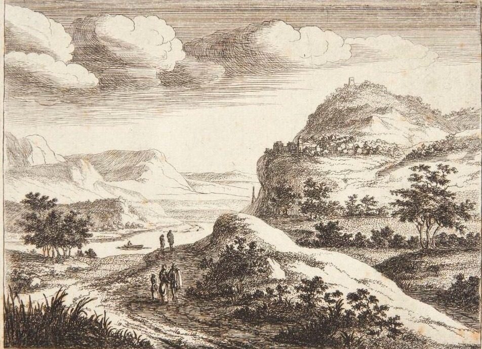 Bjergrigt landskab med vejfarende, i baggrunden en by på en klippe by Jan van Almeloveen