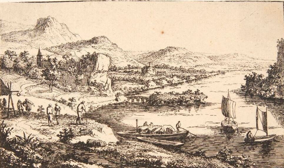 Flodlandskab med vejfarende, t.h. en pram og to joller for sejl by Jan van Almeloveen