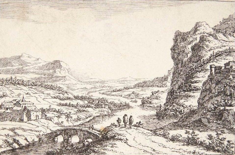 Flodlandskab med stenbro og vejfarende by Jan van Almeloveen