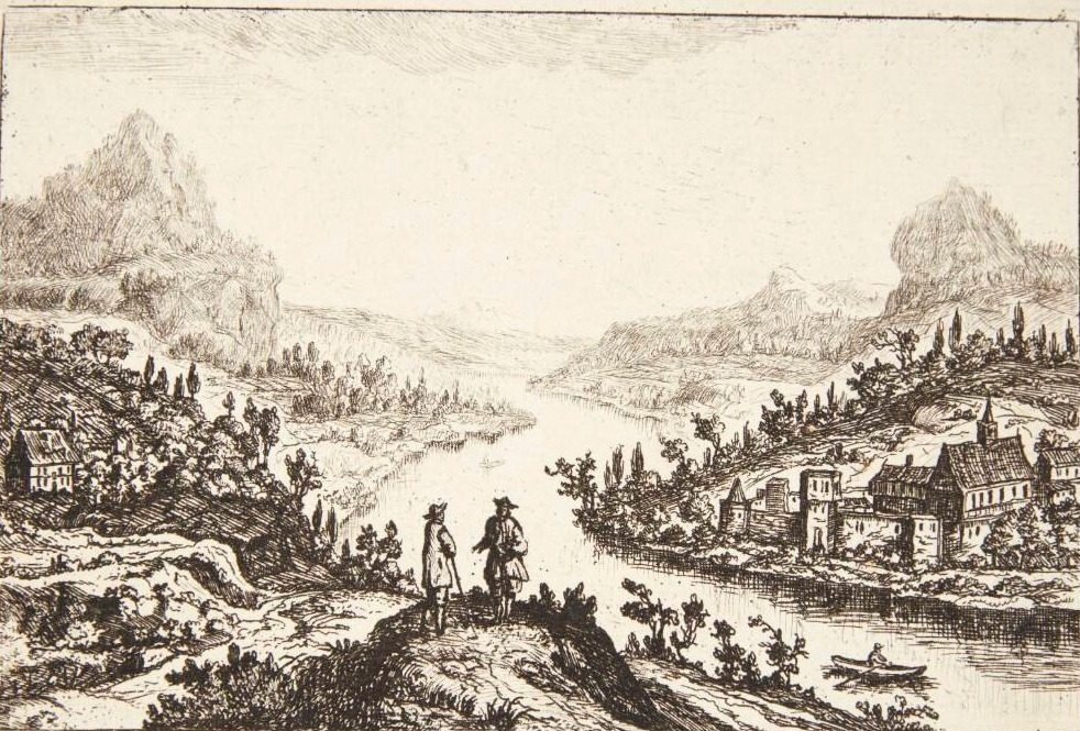 Flod i et bjergrigt landskab, i forgrunden to mænd i samtale by Jan van Almeloveen