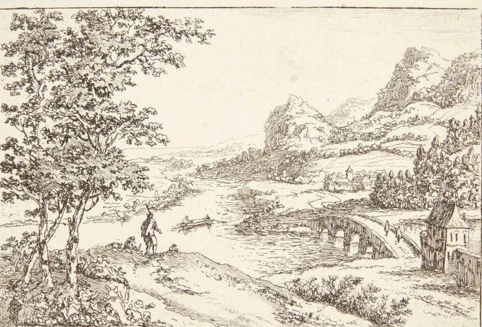 Flodlandskab med en bro, i forgrunden høje træer og to figurer by Jan van Almeloveen