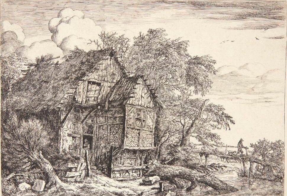 Bæk med et faldefærdigt bondehus og en bro. "Den lille bro" by Jacob Isaacksz. van Ruisdael