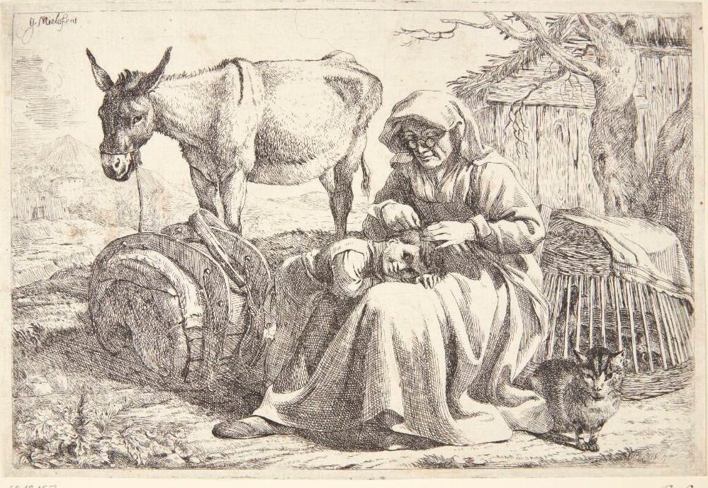 En ældre kvinde, der reder en lille piges hår by Jan Miel