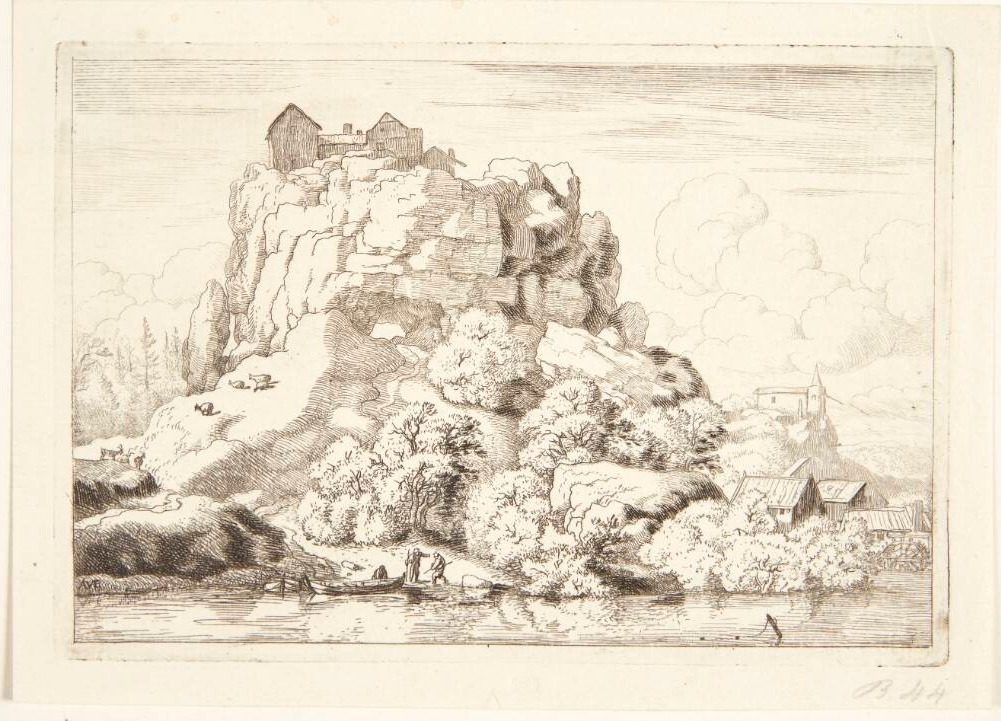 Flodlandskab med en høj, bebygget klippe by Allaert van Everdingen