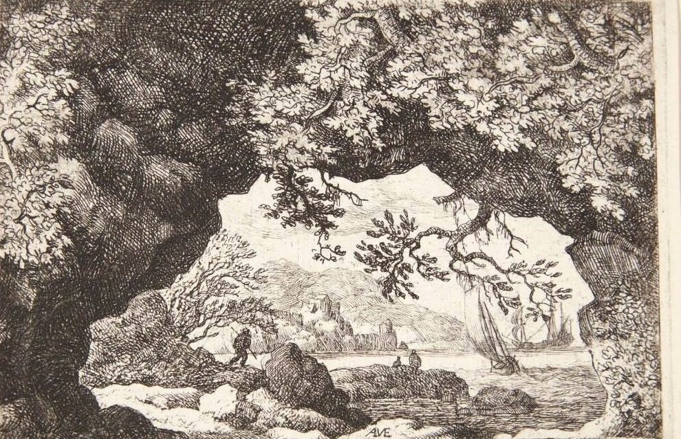 Landskab set gennem et hul i et bjerg by Allaert van Everdingen