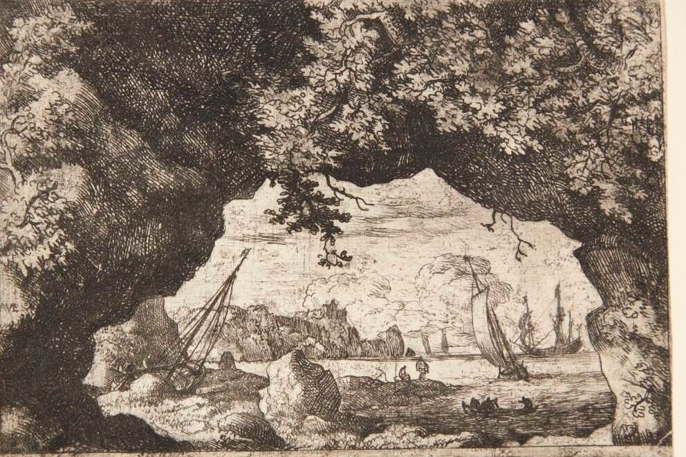 Landskab set gennem et hul i et bjerg by Allaert van Everdingen