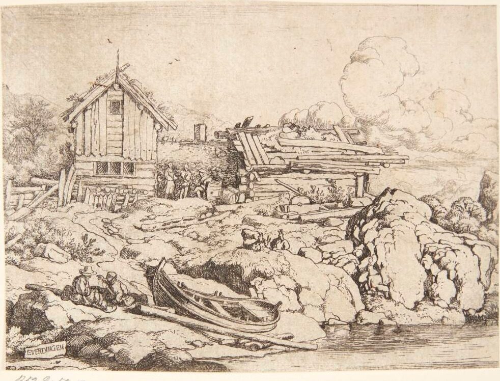 Bjælkehytte ved en flod, i forgrunden to mænd og en robåd, der er trukket op på land by Allaert van Everdingen