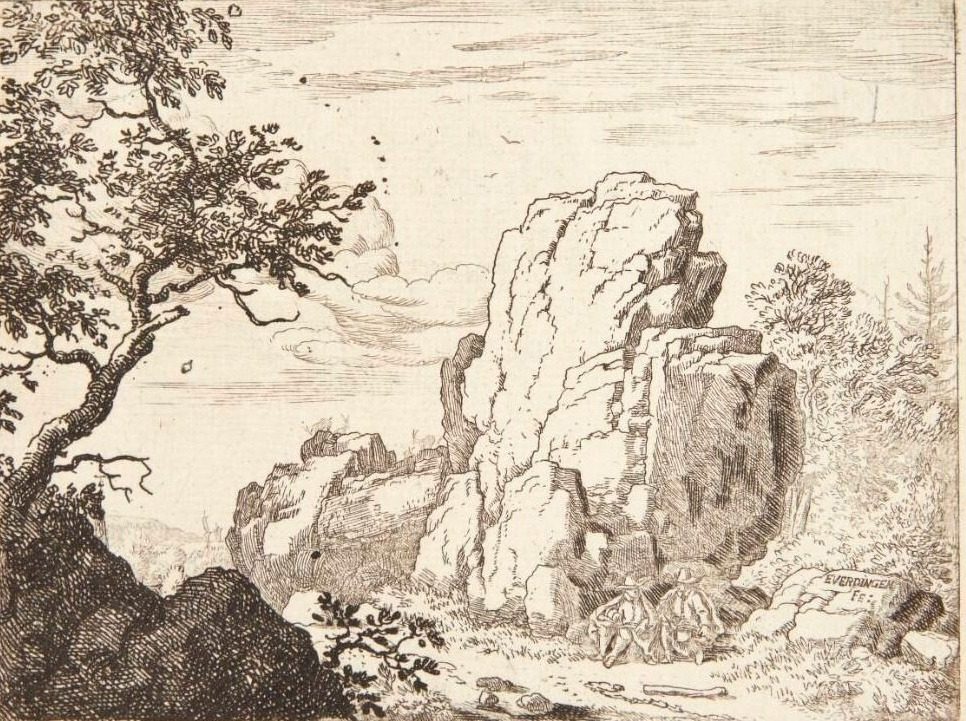 To mænd ved foden af en høj klippe by Allaert van Everdingen